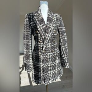New Zara Women's Double-breasted Plaid Blazer, Brown, Grey, Beige, XS
